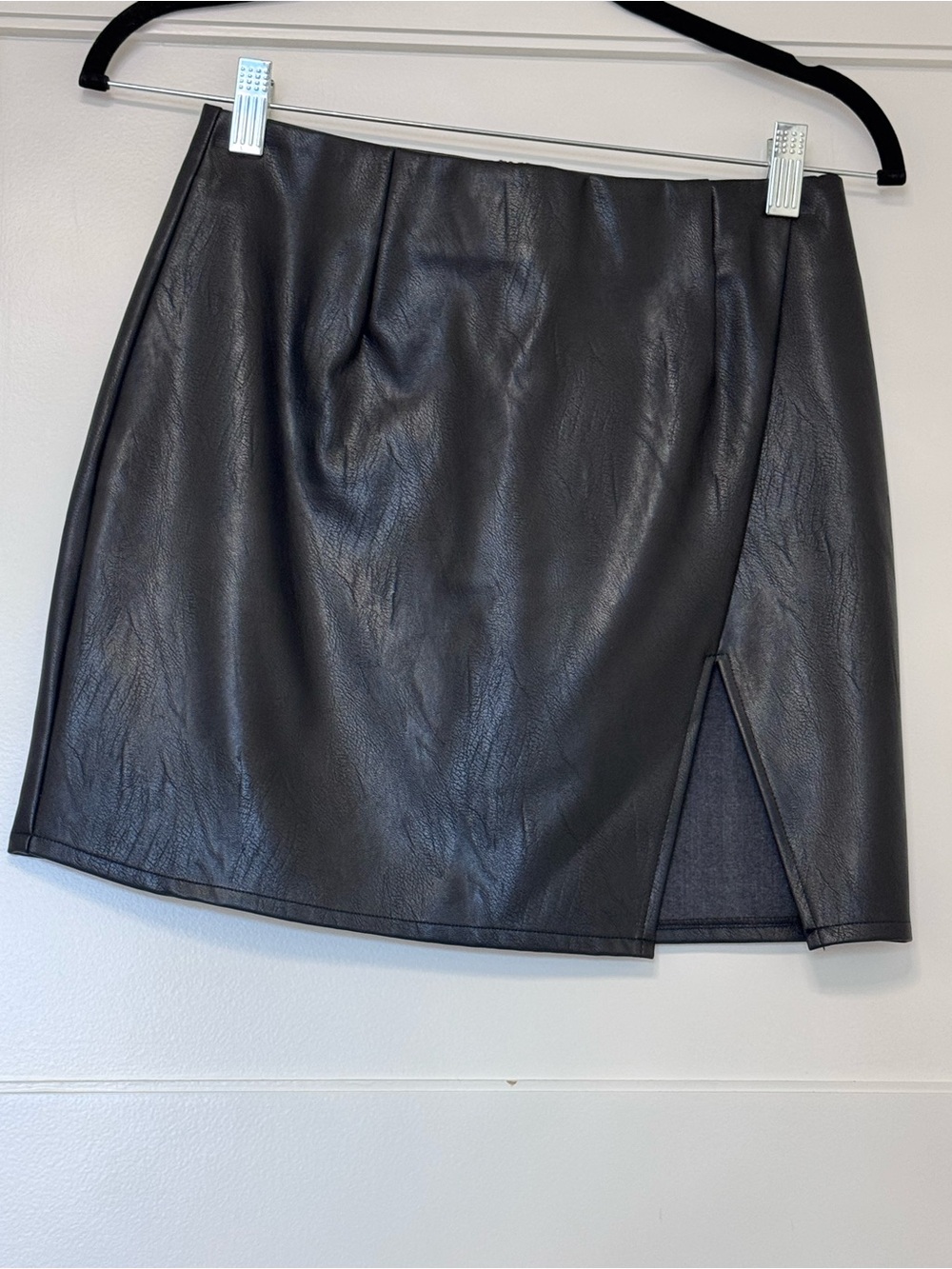 Black Faux Leather Mini Skirt with Front Slit by SUPERDOWN